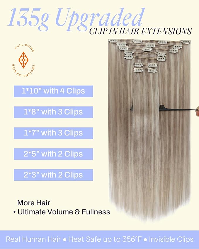 Full Shine Ash Blonde Clip in Hair Extensions Highlighted Blonde Hair Extensions Clip in for Women Thick Remy Hair 16 Inch 7 Pcs 135 G