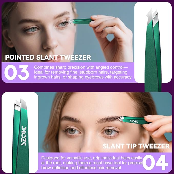 Professional Tweezers Set for Eyebrows – 4PC Precision Stainless Steel Tweezers Kit with Slant, Pointed & Flat Tips – Eyebrow Hair Removal Tool for Women & Men – Eco-Friendly Paper Tube Packaging