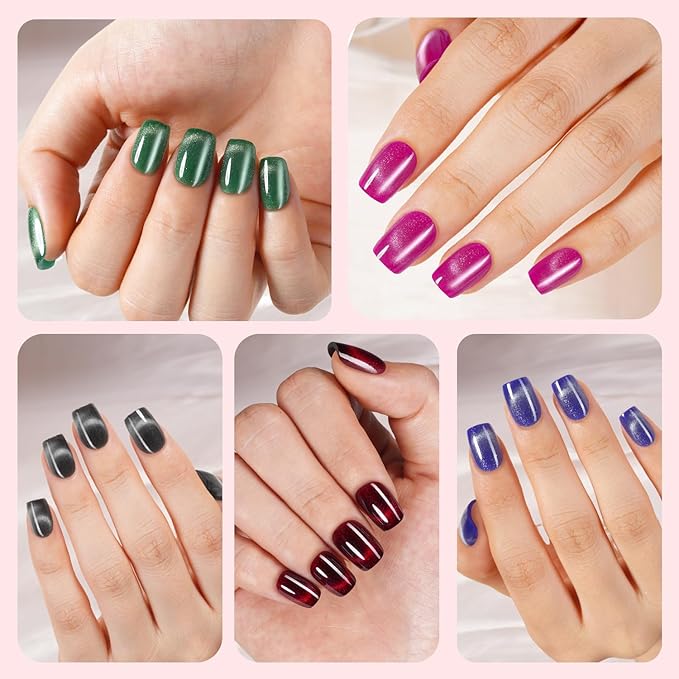 150Pcs Cat Eye French Press on Nails, Plauva Short Square Fake Nails, Glossy Glitter Cat Eye Nail Tips, Soft Gel Stick On Nails for Women and Girls 15 Sizes