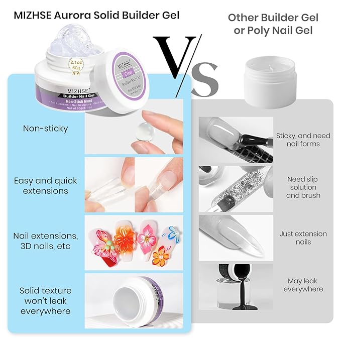 MIZHSE Solid Builder Gel for Nails, Clear 60g 3D Sculpting Gel for Nail Art Non-Sticky Molding Hard Gels UV LED Nail Charm with Gold Chrome Nail Powder and 3D Silicone Flower Mold Kit for DIY Salon