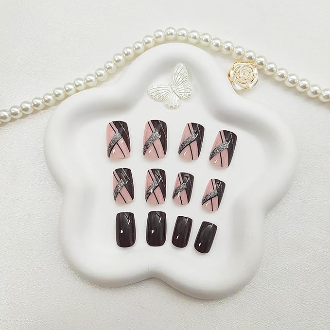 Press on Nails Medium Square Fake Nails Acrylic Nails Press ons Glossy Glue on Nails Fall False Nails with Glitter Line Designs Red Brown Full Cover Artificial Stick on Nails for Women 24Pcs