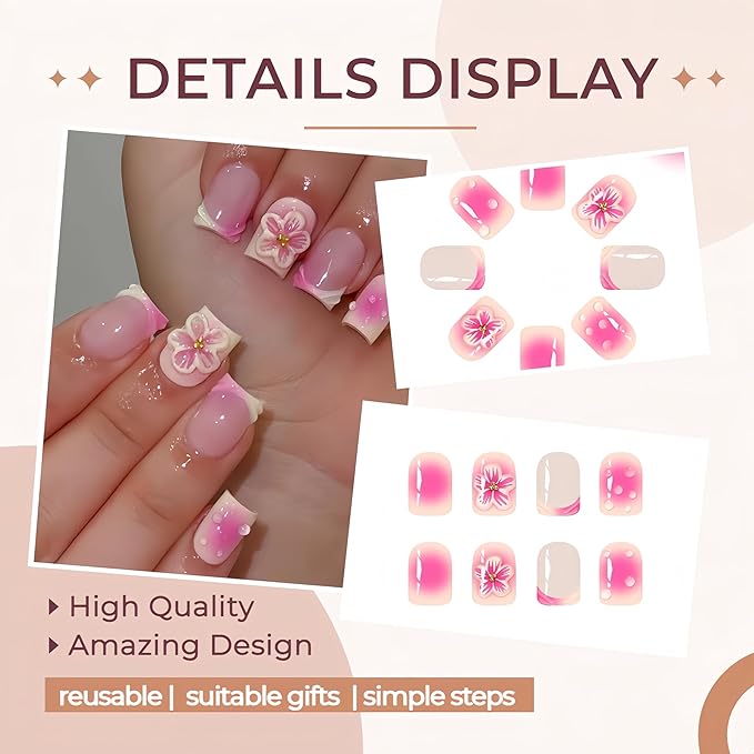 24Pcs Peach Blossom Press on Nails Medium Square Fake Nails 3D Flower Hibiscus with Gold Beads Glitter Design Glue on Nails Full Cover Stick on Nail Gradient Glossy Acrylic Nail False Nails for Women