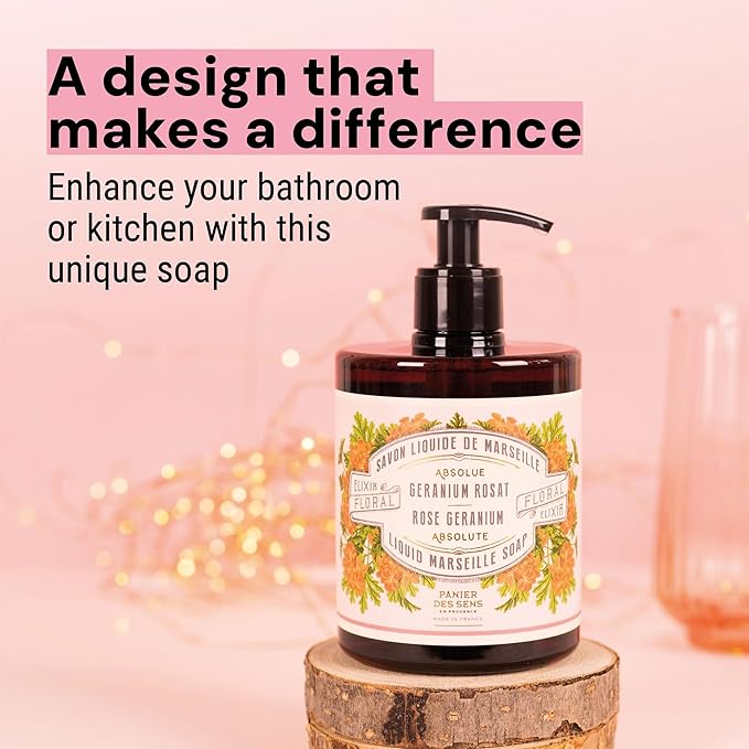 Panier des Sens - Moisturizing Hand Soap - Rose Geranium Fragrance - French Traditional Savon de Marseille Soap - Refillable Kitchen & Bathroom Soap - 16.9 Fl.oz Liquid Hand Wash 96% Natural