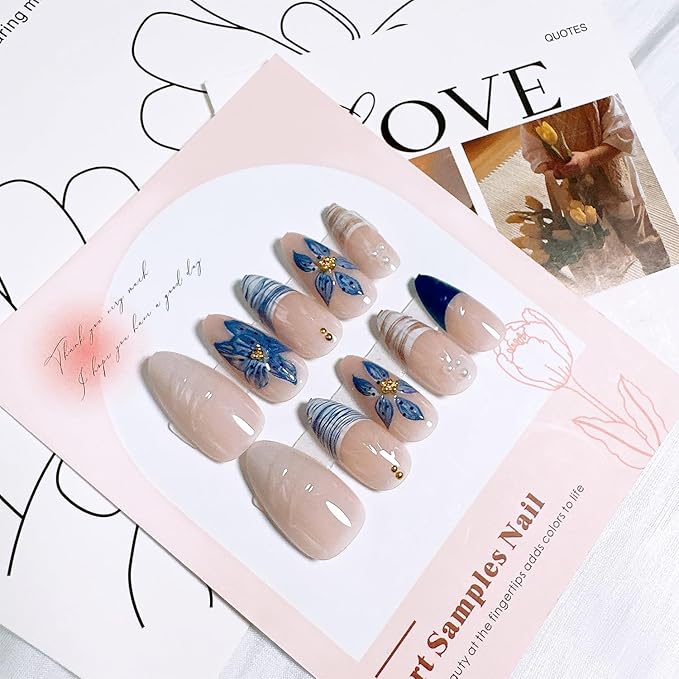 24 Pcs Summer Press on Nails Medium Almond Fake Nails with 3D Blue Flower Gold Beads Designs French Tip False Nails Beach Acrylic Nails Full Cover Stick on Nail for Women Nail Art Decoration