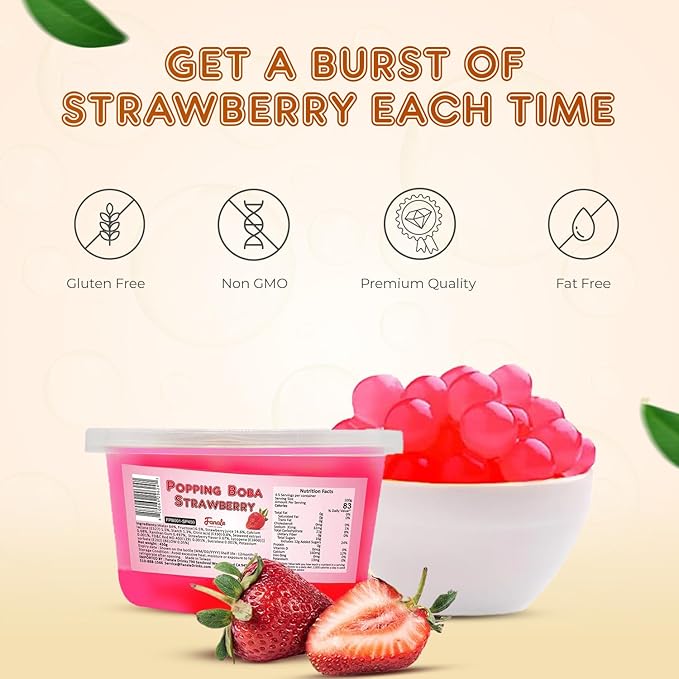 Fanale Strawberry Popping Boba Pearls, Vegan, Non GMO, Gluten Free, Fat Free, Perfect for Bubble Tea, Smoothies, Ice Cream, Desserts, and Beverages 1lb x 12.