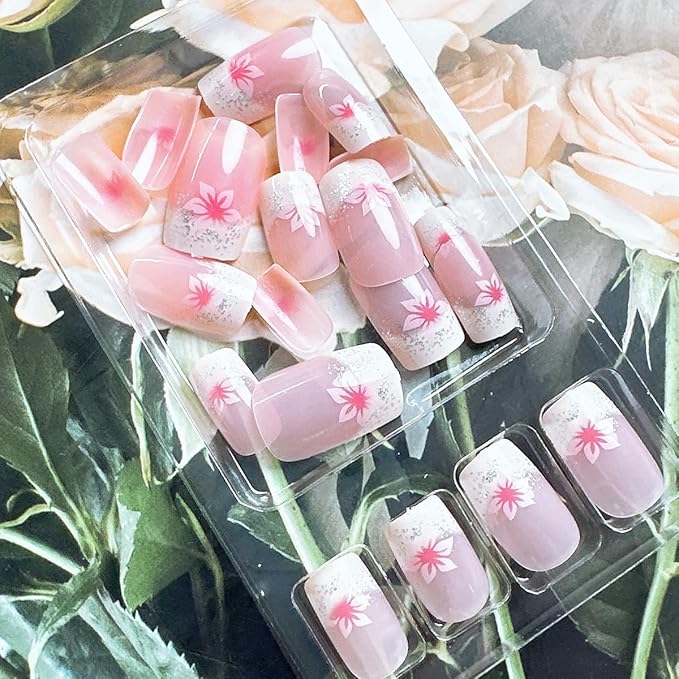 24Pcs Pink Press on Nails Short Square Fake Nails with Glitter French Tip Glue On Nails Spring Flower Acrylic Nails Press on Full Cover Pink Floral False Nails Nude Glossy Stick on Nails for Women
