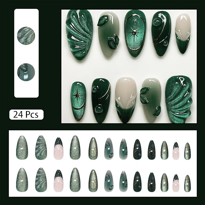 24pcs Green Press on Nails Medium Almond Fake Nails with 3D Leaf Water Drop Designs French Tip False Nails Glitter Glue on Nails Star Acrylic Nails Kit Full Cover Glue On Nails for Women