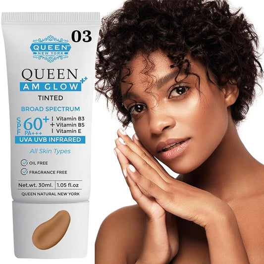 QUEEN AM GLOW | TINTED Sunscreen SPF 60 PA+++Primer-Anti Aging, Face Moisturizer- Vitamin B3, B5, E-fragrance free by QUEEN NATURAL NEW YORK (03-Neutral Tan)