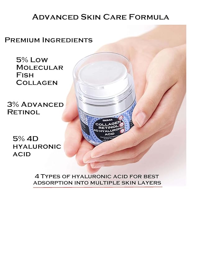 Anti-Aging Face Cream $6.46/oz - 5% Marine Collagen 3% Retinol 5% Hyaluronic Acid - Wrinkle Firming Moisturizer Face Neck - Professional Strength 3.7oz - 1 Finger Cream Dispenser