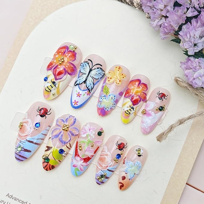24Pcs Flower Press on Nails Medium Almond French tip Fake Nails 3D Colorful Flower Butterfly with Rhinestones Glitter Designs Full Cover Stick on Nails Summer False Nails for Women Girls Acrylic Nails