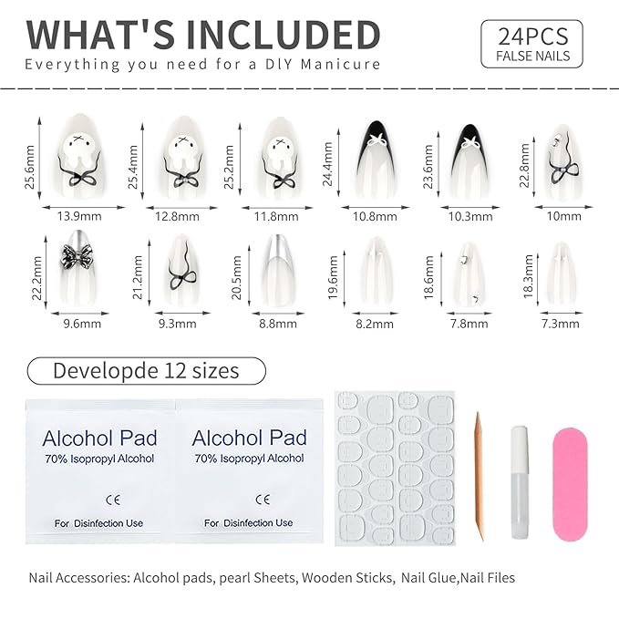 Cute Bunny Press On Nails almond,24pcs Medium False Nails with Black & White Bow Design, 3D Metallic Bow and Rhinestone Fake Nails, Cartoon Acrylic Stick On Nails Kit for Women Girls