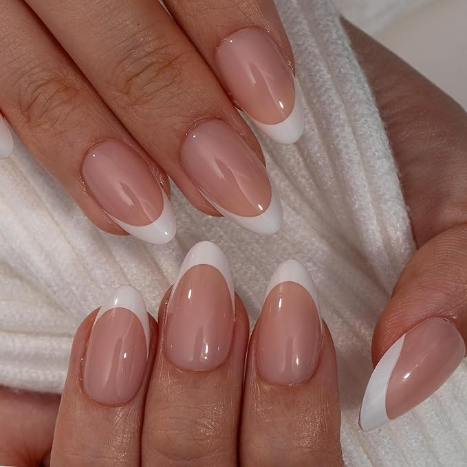 Curvlife Soft Gel Press on Nails, 30Pcs 15 Sizes Nail Tips, Full Cover Pink French Almond Design Reusable Gel Nails Kit with Glue and Adhesive Tabs