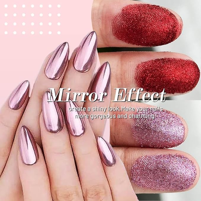 evpct 2Pcs Red Rose Gold Metallic Mirror Effect Chrome Nail Powder Kit for Nails Polish Rainbow Holographic Iridescent Chameleon Neon Nail Pigment Mirror Chrome Nail Powder for Gel Nails Glitter