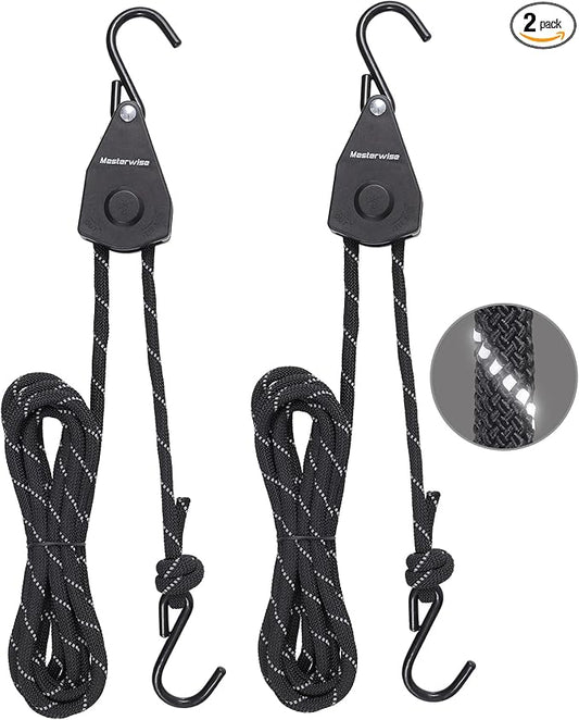 3/8" x12' Kayak Tie Down Straps with Reflective Stripe, Boat Trailer Straps Canoe Bow and Stern Rope Hanger Kayak and Canoe Accessories (Black, 2PCS)