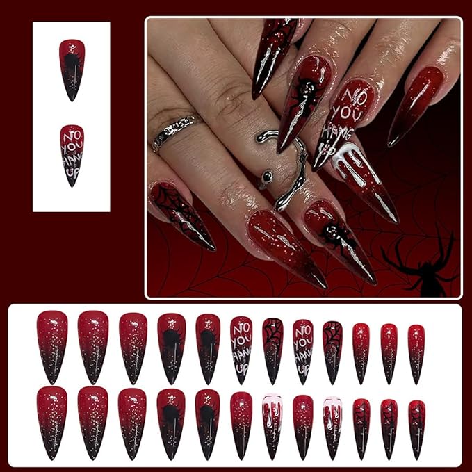 Halloween Press on Nails Long Almond Fake Nails Dark Red False Nails Black Spider Web White Dripping Blood Design Gradient Glue on Nail Glitter Stick on Nail for Women Decor Manicure Supplies
