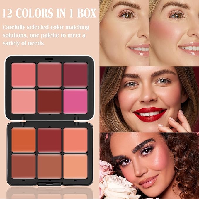 12 Colors Cream [Blush] Makeup Palette for Cheeks - Multi-functional Blush Makeup Palette with Brush, Natural Matte Long Wearing, Waterproof Blendable Face Makeup Palette (#01)
