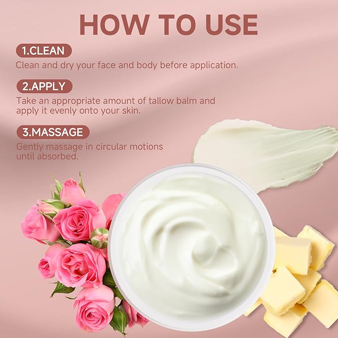 Beef Tallow for Skin, Whipped Beef Tallow For Skin, Tallow Face Moisturizer, Rose-Flavoured Whipped Tallow Face Cream Moisturizer Beef Tallow Blam Grass Fed Body Lotion Skin Care, 5.3 OZ