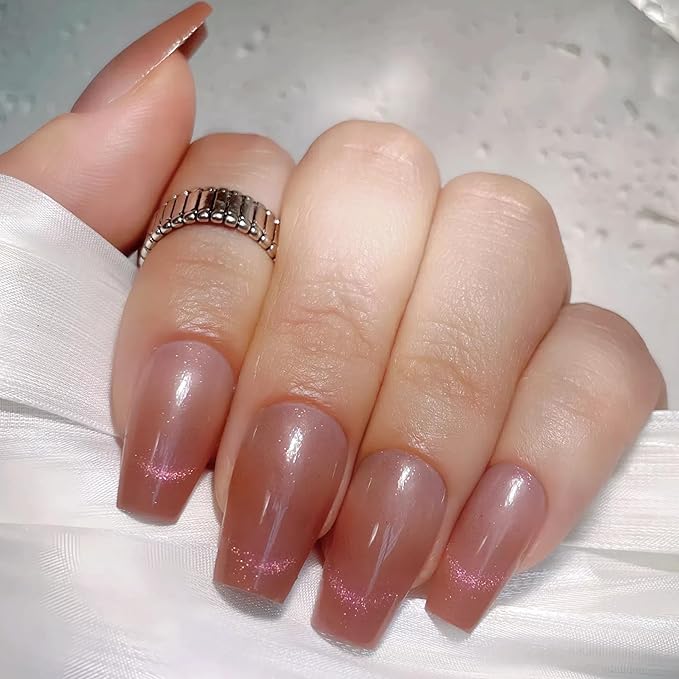 Mauve Pink Press On Nails Coffin Medium – 24pcs Cat Eye French Fake Nails with Nail Glue, Adhesive Tabs & Tools – Soft Fit Back, Durable Tip, Reusable Glossy Stick On Nails for Women