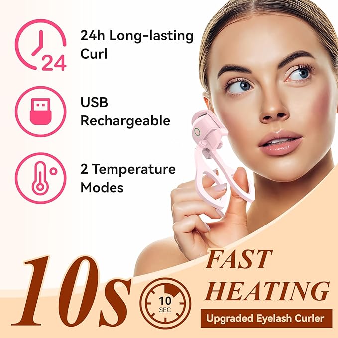 Heated Eyelash Curlers - Electric Eyelash Curler Quick Natural Curling for Long Lasting, USB Rechargeable Heated Eye Lash Curler for Women Makeup Tools (Light Pink)