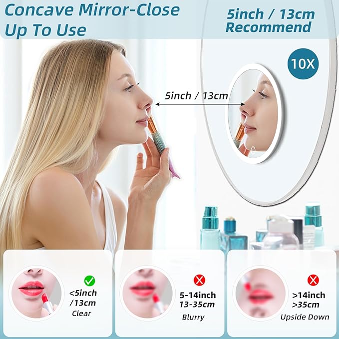 10x Lighted Magnifying Mirror with Suction Cups, Large 6'' Magnified Mirror with Light High Magnification Travel Makeup Mirror, Rechargeable Battery, 3 Colors Dimming Light, with Tweezers &Scissors