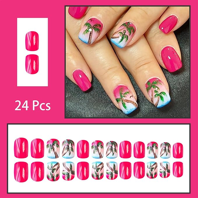 24pcs Summer Press on Nails Short Pink Fake Nails Square Nail Tips Coconut Tree Glue on Nails Gradient False Nails Beach Nail Design Full Cover Acrylic Nails Stick on Nails for Women Nail Decoration