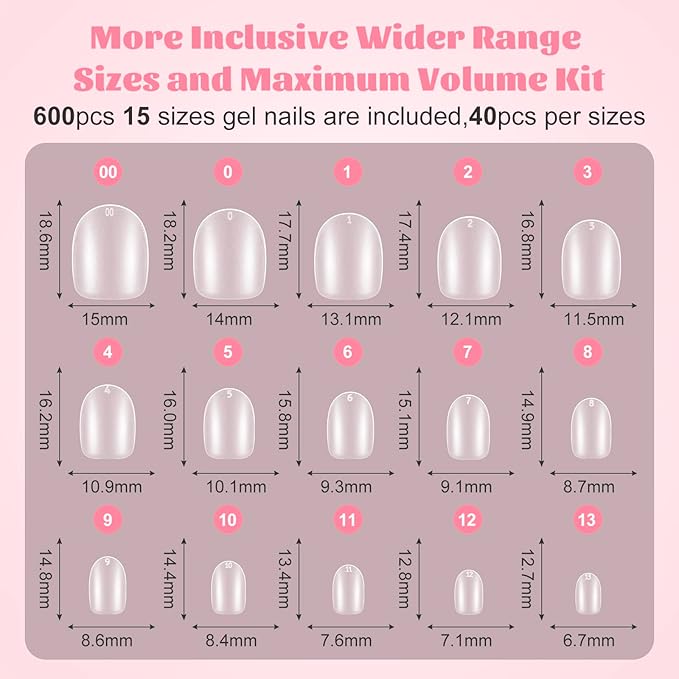Extra Short Round Nail Tips,SINOKAME Gel Nail Tips with Tip Primer Cover,Clear Gel Press On Nails Full Matte Paintable,15 Sizes 600Pcs Short Fake Nails Glue on Nails for DIY Salon