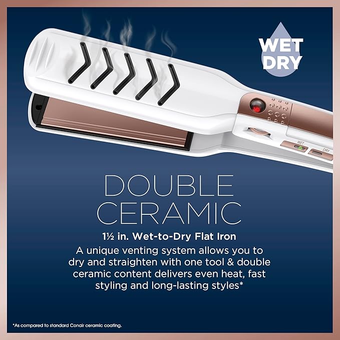 Conair Double Ceramic Flat Iron, 1 1/2-inch Wet-to-Dry Hair Straightener