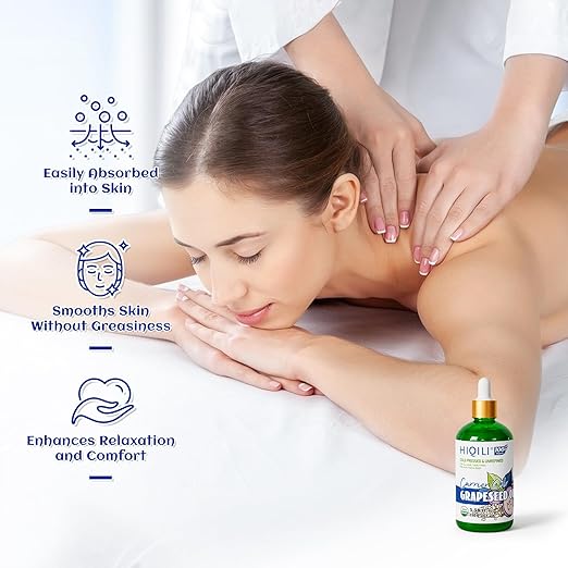 HIQILI 3.38 Fl Oz Organic Grapeseed Oil for Hair, for Skin, Carrier Oil for Essential Oils Mixing, 100% Pure & Natural-100ML