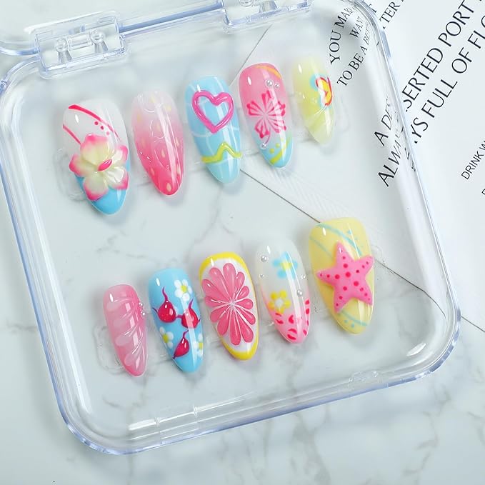 30Pcs Flower Press On Nails Medium Almond Nails With 3D Colorful Summer Sea Starfish Designs French Tips & Cute Heart Lemon False Nails Ocean Beach Press Ons Handmade Nails Pearl for Spring