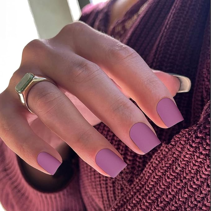 Plum Purple Press On Nails Short Square,KQueenest Glue on Nails,Short Fake Nails Kit Acrylic Pure Matte Color Gel Nails Set Natural Fingernails Manicure for Women Girls in 24PCS