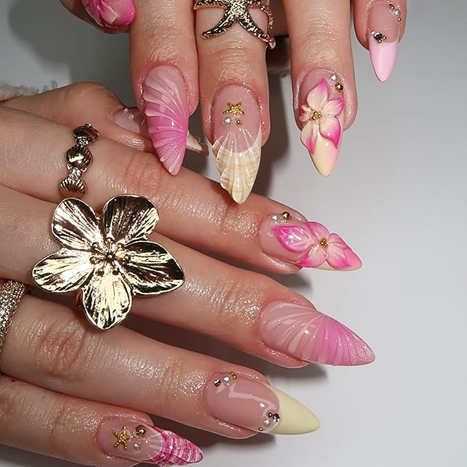 24Pcs Yellow French Tip Press on Nails Medium Almond Fake Nails with Gold Starfish Pearl Designs 3D Hawaiian Flower False Nails French Artificial Acrylic Nail Tips Summer Glue on Nails for Women