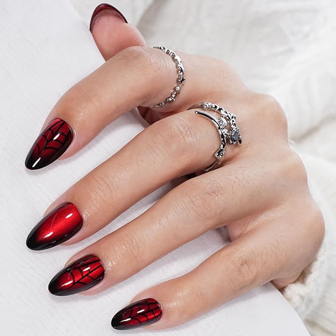 Red Press on Nails, Short Press on Nails Almond Reusable Glossy Cat Eye Nails Soft Gel False Nails Web Press ons for Women, 16 Sizes 32 Count Nails Kit with Glue (SV-10)