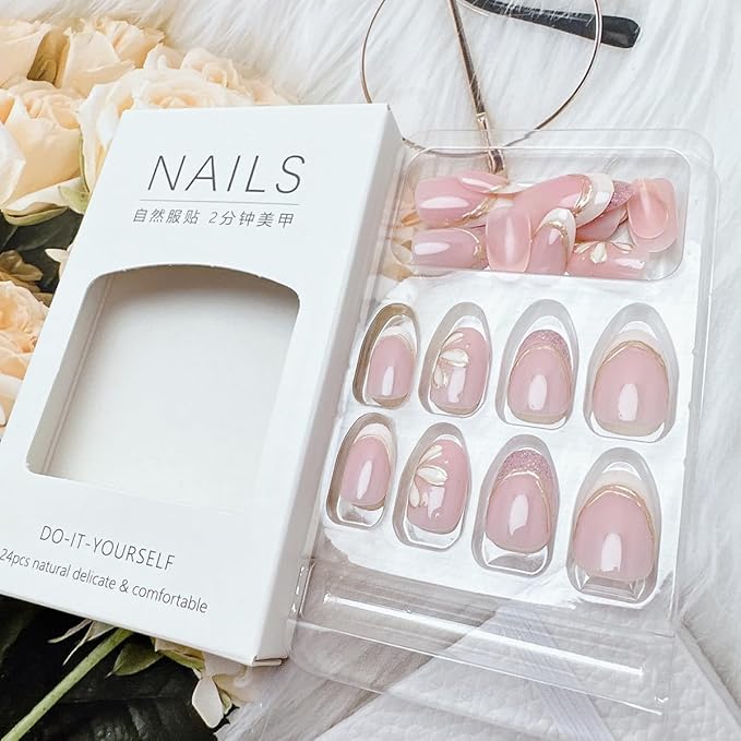 24Pcs Almond Press on Nails Short Length White French Tip Fake Nails with Glitter Designs Gold Line Flower Acrylic Nails Full Cover Spring False Nails White Floral Stick on Nails for Women Nail Decor