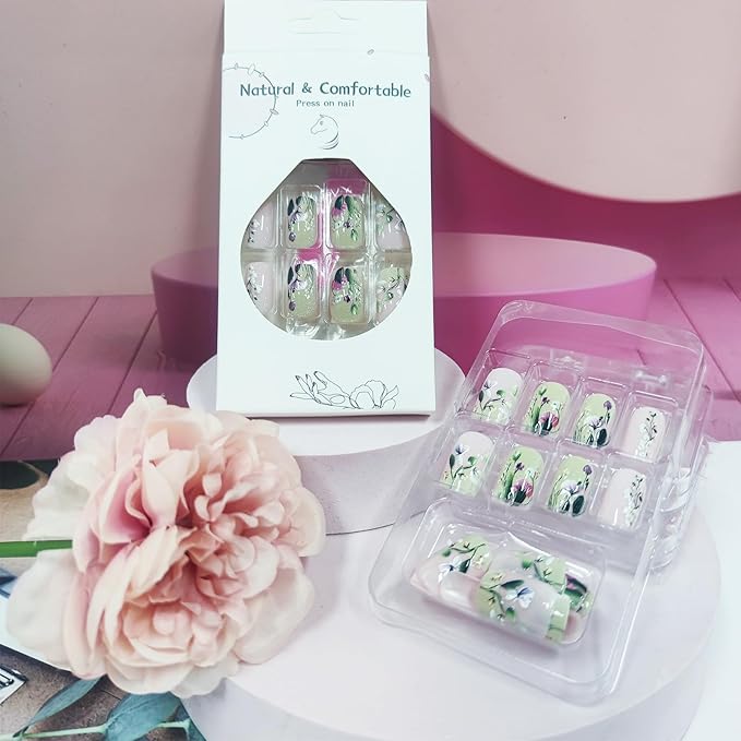 Spring Flower Press on Nails Short Square Acrylic False Nails Green Leaves Stick on Nails 24Pcs Glossy French Tips Fake Nails Colorful Flowers Gel Glue on Nails for Coquette Women Girls
