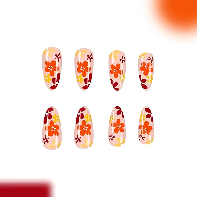 24Pcs Brown Flower Press on Nails Almond Medium Fake Nails Autumn Winter Maillard Color Design Petite Glue on Nails Floral Acrylic Nails Fall Daisy Full Cover Stick on Nail Artificial Nails for Women