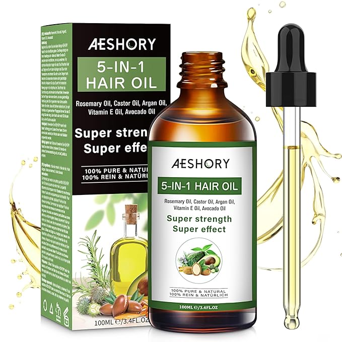 Aeshory Hair Oil - 5 IN 1 Hair Care Oil with Rosemary, Castor, Argan, Vitamin E, and Avocado for Hair Growth and Strengthening - Nourishing and Volumizing 3.38 fl oz