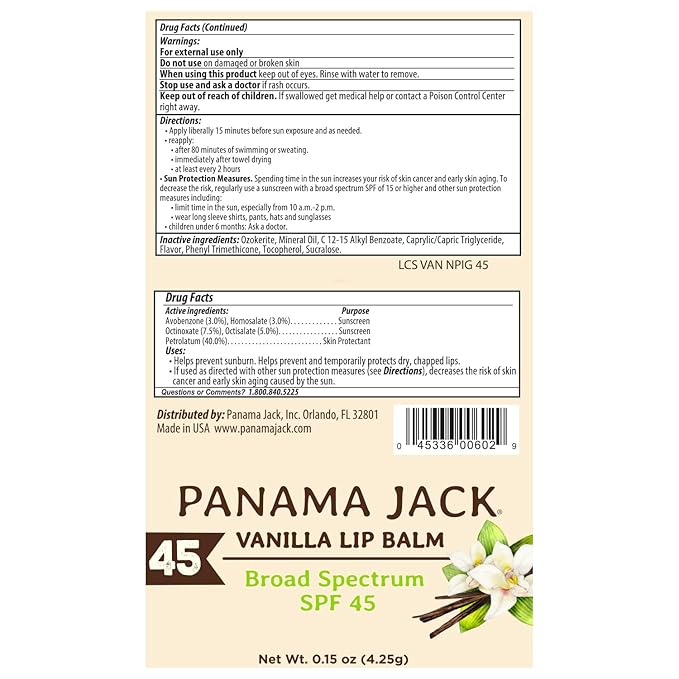 Panama Jack Sunscreen Lip Balm - SPF 45, Flavor Pack, Broad Spectrum UVA-UVB Sunscreen Protection, Prevents & Soothes Dry, Chapped Lips (5 Pack)