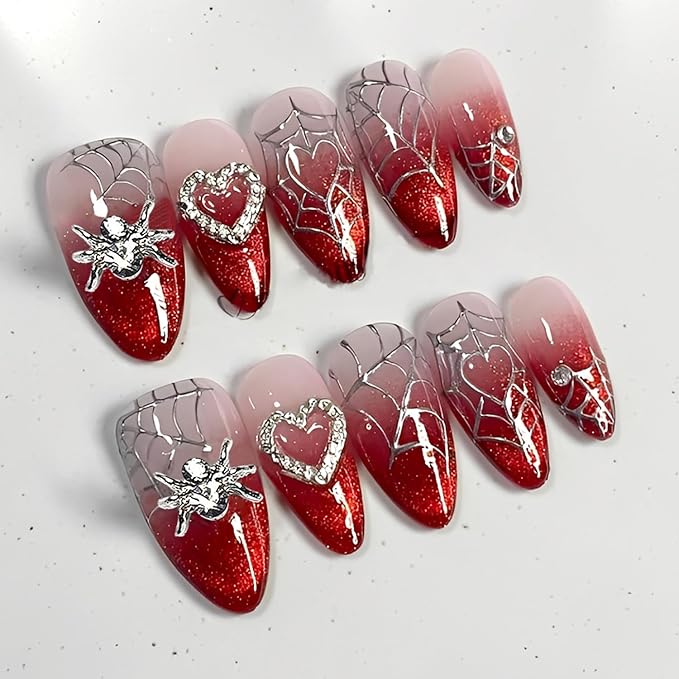 24 Medium Almond Press on Nails Halloween Spider Web Fake Nails Silver Spider Rhinestones with Heart Design Goth False Nails Gradient Red Full Cover Artificial Nails Stick on Nail for Acrylic Manicure