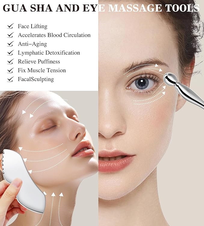 Gua Sha Facial Tools, 3 in 1 Stainless Steel Metal Guasha & Eye Cream Applicator Facial Sculpting Tool Set Eye Massager Lymphatic Drainage for Face Neck (Gift Box Set)(Boxed 2, Count, 3)