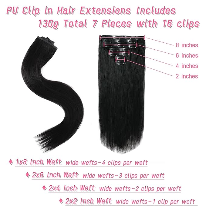 Essent Seamless Light Yaki Straight Clip in Hair Extensions Seamless Real Human Hair, 20 Inch 1Pack 130g 7Pcs Human Hair Extensions for Women Natural Black