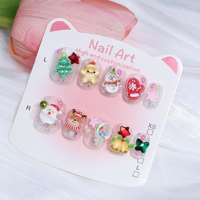 10Pcs Christmas Press on Nails Petite Square Fake Nails Santa Claus Elk Christmas Tree Bells Rhinestones Full Cover Glitter Stick on Nails Cute Winter False Nails Xmas Glue on Nail for Acrylic DIY