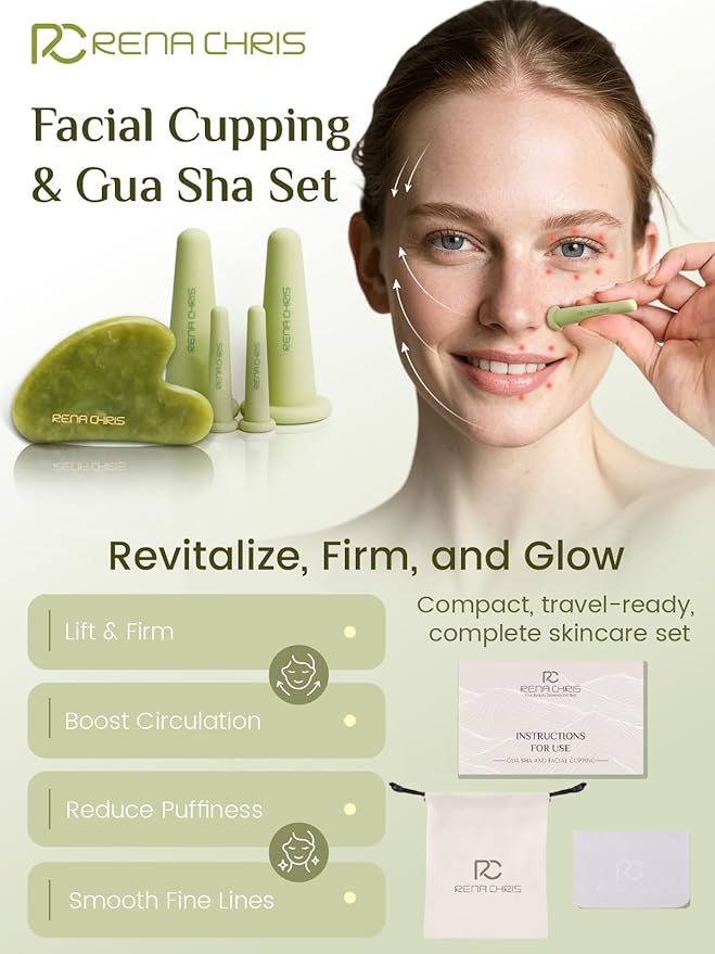 Rena Chris Facial Cupping Set & Gua Sha Facial Tool - Silicone Cupping Set & Jade Gua Sha Stone - Face Cupping Therapy Set for Natural Skin Care, Puffiness, Lip Plumping(Green)