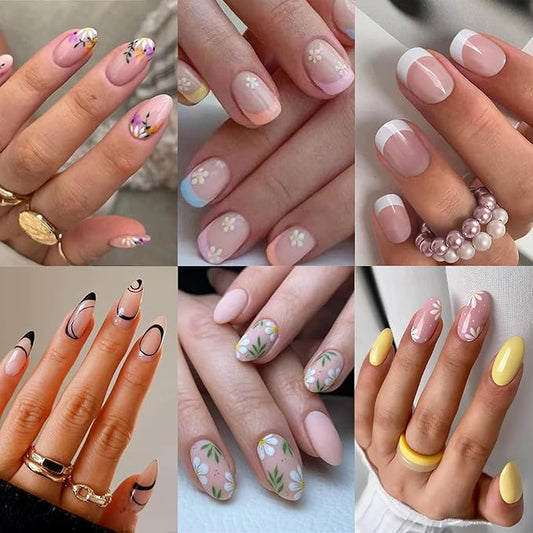 6 Packs (144 Pcs) Short Press on Nails - Flower Almond, Oval French Tip, Glue on Nails in 12 Sizes - 24 Fake Nails Kit for Women