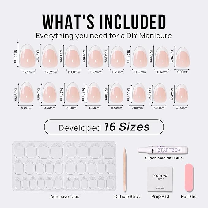 BTArtbox Press On Nails Short - Extra Short Almond French Tip Press On Nails Nude, Fake Nail with Nail Glue, Natural Reusable 32pcs Fake Nails Kit
