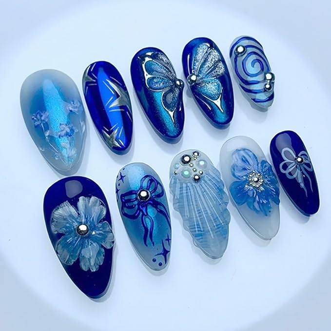 24Pcs Dark Blue Press on Nails Medium Almond Fake Nails Silvering Butterfly False Nails with Glitter 3D Gems Pearl Design Flower Star Bow Stick on Nail Full Cover Artificial Glue on Nails for Women