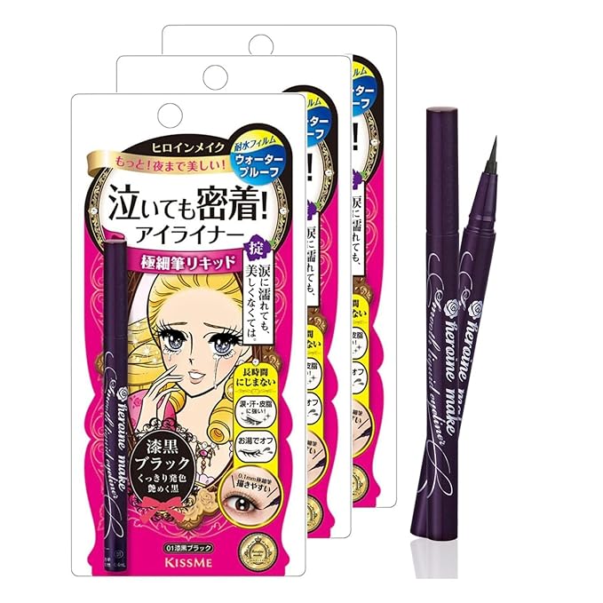 Heroine Make by KISSME Waterproof Eyeliner with Ultra-Fine 0.1mm Tip, Liquid Eyeliner Pen for Sensitive Skin, Cat Eye Liner for Long Lasting Wear, Made in Japan, Jet Black, 3 EA, SMOOTH