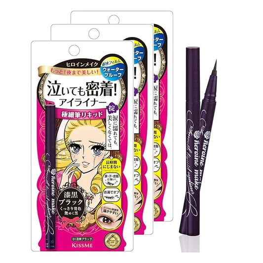 Heroine Make by KISSME Waterproof Eyeliner with Ultra-Fine 0.1mm Tip, Liquid Eyeliner Pen for Sensitive Skin, Cat Eye Liner for Long Lasting Wear, Made in Japan, Jet Black, 3 EA, SMOOTH