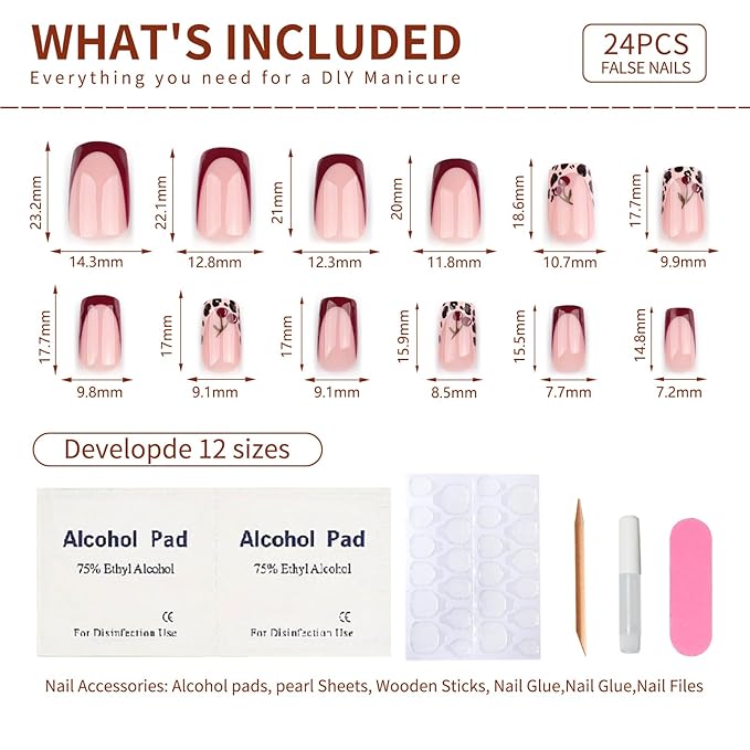 French Press On Nails Short Square, Pink Fake Nails with Leopard French Tips and Cherry Garnish Designs, Glossy Gel Finish Acrylic Press On Nails, Thick Natural Glue On Nails Kit, Leopard Cherry