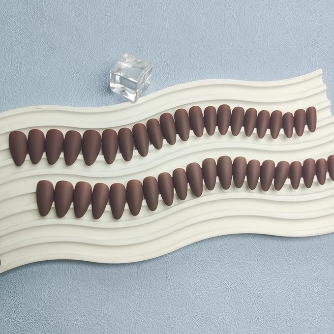 48pcs Matte Brown Press On Nails, Medium Length Almond Shaped, Stiletto False Nails, Dark Medium, Thick Natural Acrylic Gel