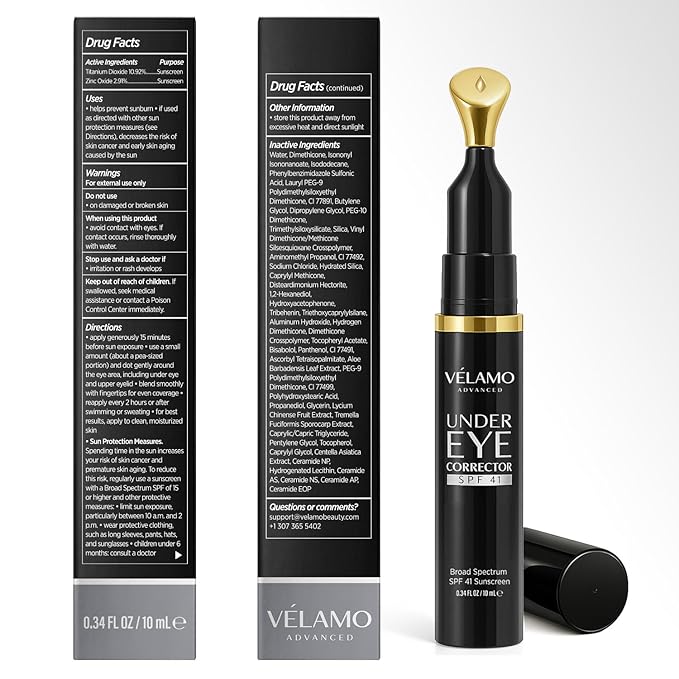 VELAMO ADVANCED Luminous Eye Corrector SPF 41: Under Eye Color Corrector for Dark Circles, Fine Lines & Puffiness - Hydrating Anti Aging Eye Cream with Ceramides Complex - Medium, 0.34 FL OZ/10mL 2Pcs